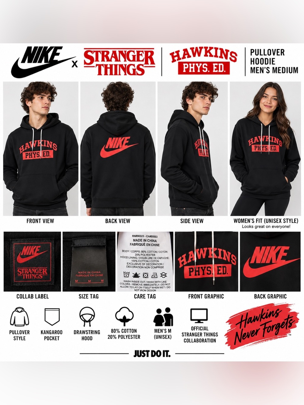 Nike x Stranger Things Hawkins Phys Ed Hoodie Black Red Men’s Medium CQ3655-010